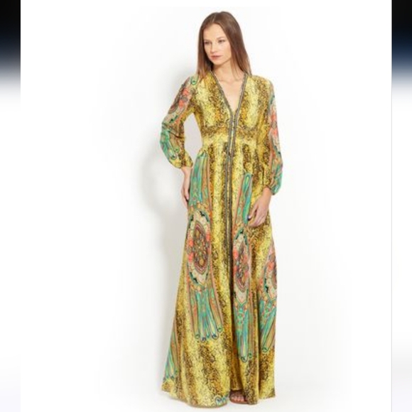 GRACIA Satin Boho Balloon Sleeve V Neck Maxi Dress.Mustard/Green Multi.Size S - Picture 1 of 16
